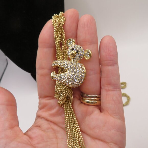 Gold Tone Tassel Rhinestone Koala Bear Necklace - Picture 8 of 14